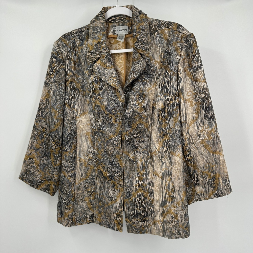 Chicos Womens Metallic Jacquard Open Front Blazer Jacket Size 3 US XL Brocade